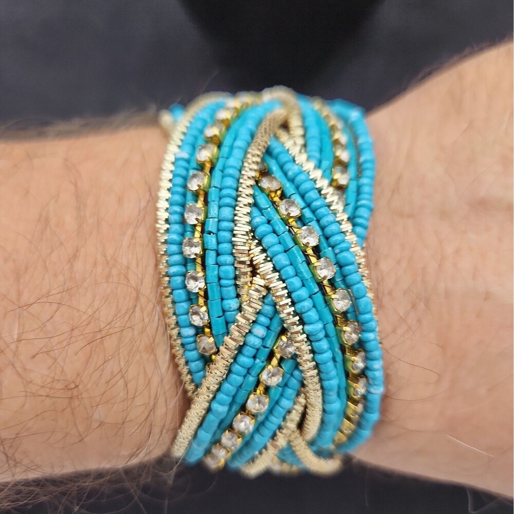 Bracelet Bohemian Blue Seed Gold Metal Beads Rhinestones Flexible Wrap Cuff VTG